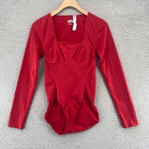 Yitty Top Women 1X 2X Plus Red Bodysuit Square Neck Long Sleeve Stretch Slimming